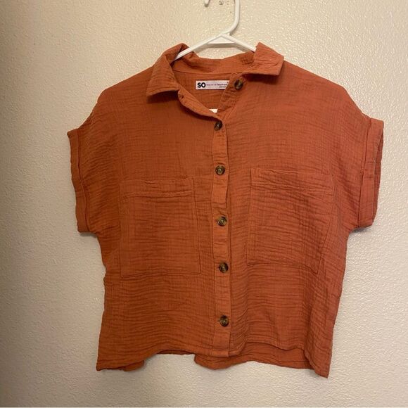 SO orange muslin gauze cotton button up Top blouse oversized cropped dolman XS - Picture 2 of 8